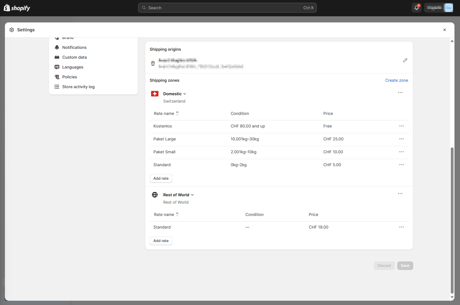 Shopify general shipping rates"